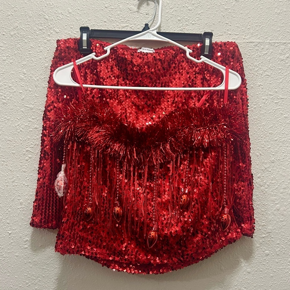 Love on a hanger Red Sequin and Christmas Bulbs Crop Top and Skirt Set XL